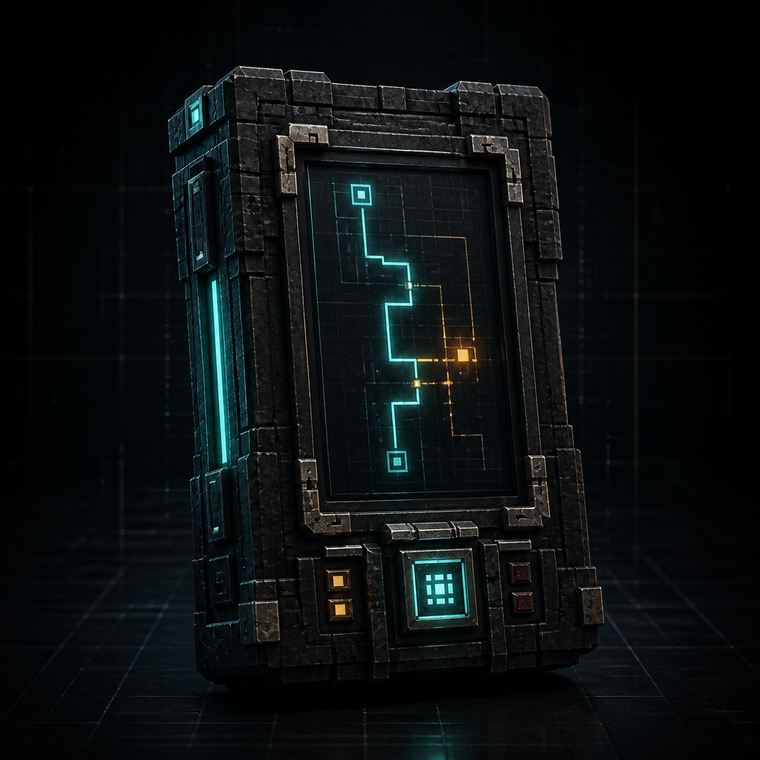 ECHO, a dark stone signal device with a cyan and amber route displayed on its screen